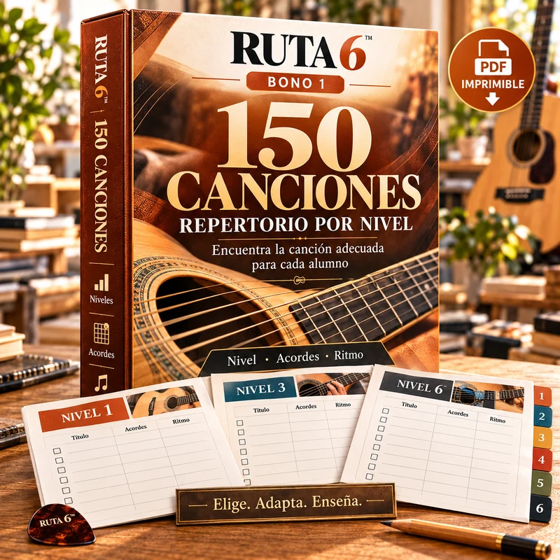 Bono 1 Ruta 6: Catálogo de 150 canciones clasificadas por nivel. Material PDF imprimible.