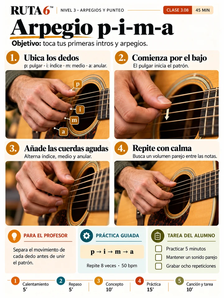 Interior del volumen 3: Arpegio p-i-m-a, con ejercicios, práctica y tarea.