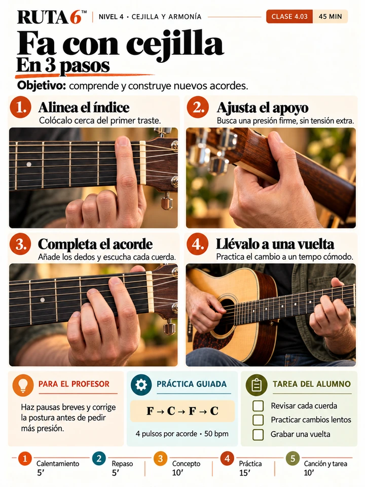 Interior del volumen 4: Fa con cejilla en tres pasos, con ejercicios, práctica y tarea.