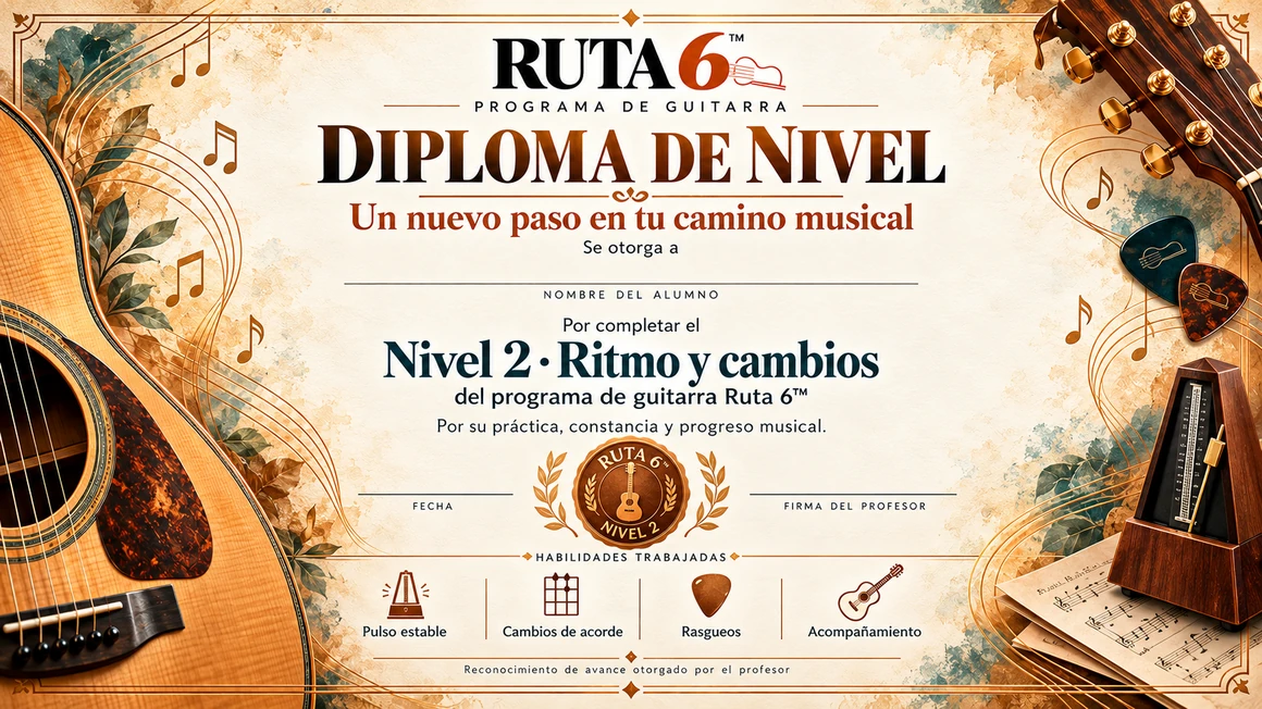 Diploma de avance Ruta 6, nivel 2: Ritmo y cambios, con campos para nombre, fecha y firma del profesor.