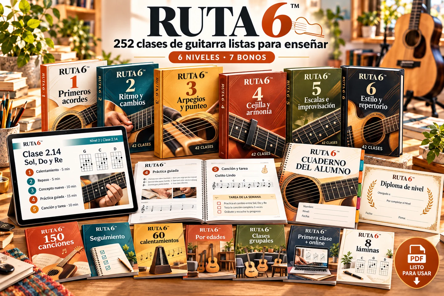 Ruta 6: seis volúmenes de guitarra, cuadernos del alumno, diplomas y siete bonos PDF.