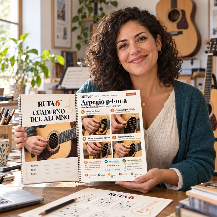 Docente de guitarra con materiales de Ruta 6.