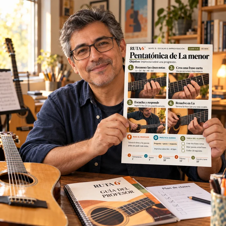 Docente de guitarra con materiales de Ruta 6.