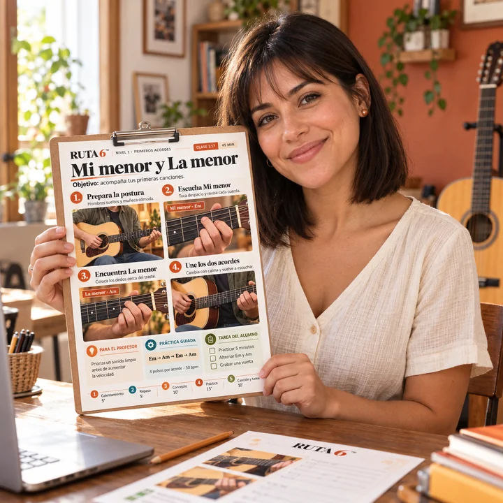 Docente de guitarra con materiales de Ruta 6.