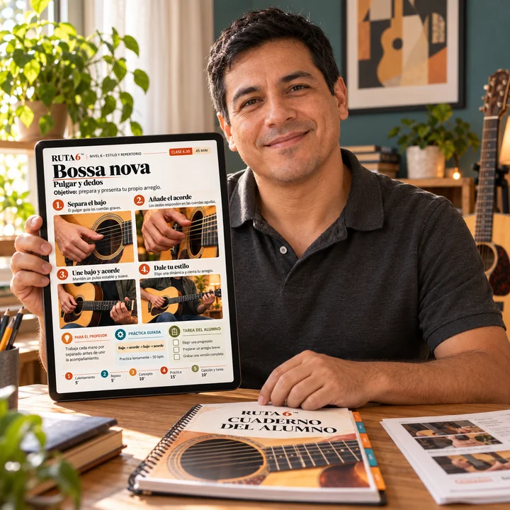 Docente de guitarra con materiales de Ruta 6.