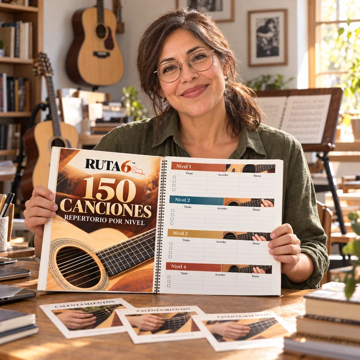 Docente de guitarra con materiales de Ruta 6.